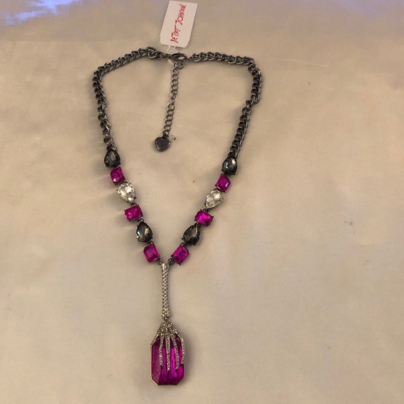 Betsey Johnson Gun Metal Tone Skeleton Hand Y Drop Pendant Necklace Crystal NWT - Picture 11 of 14